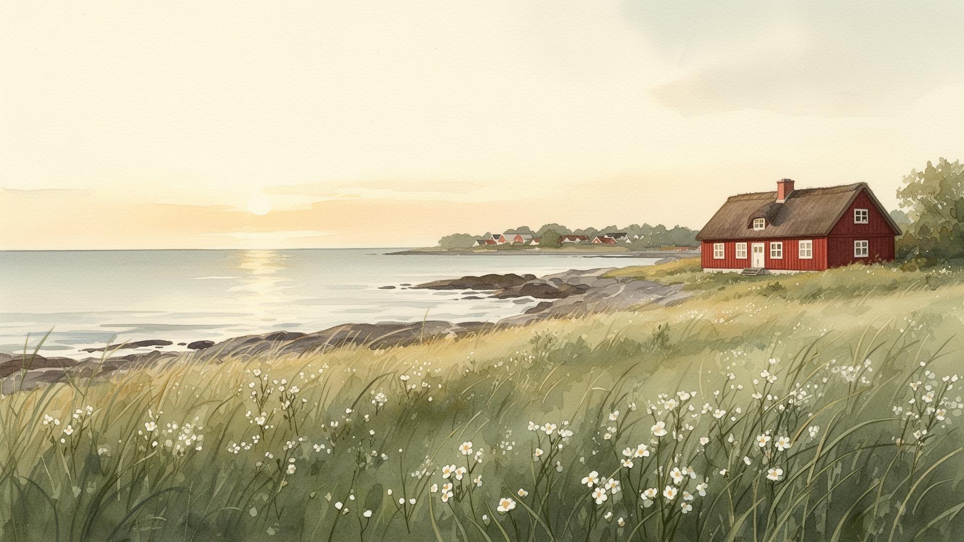 Soft watercolor landscape of a Danish coastline at sunset