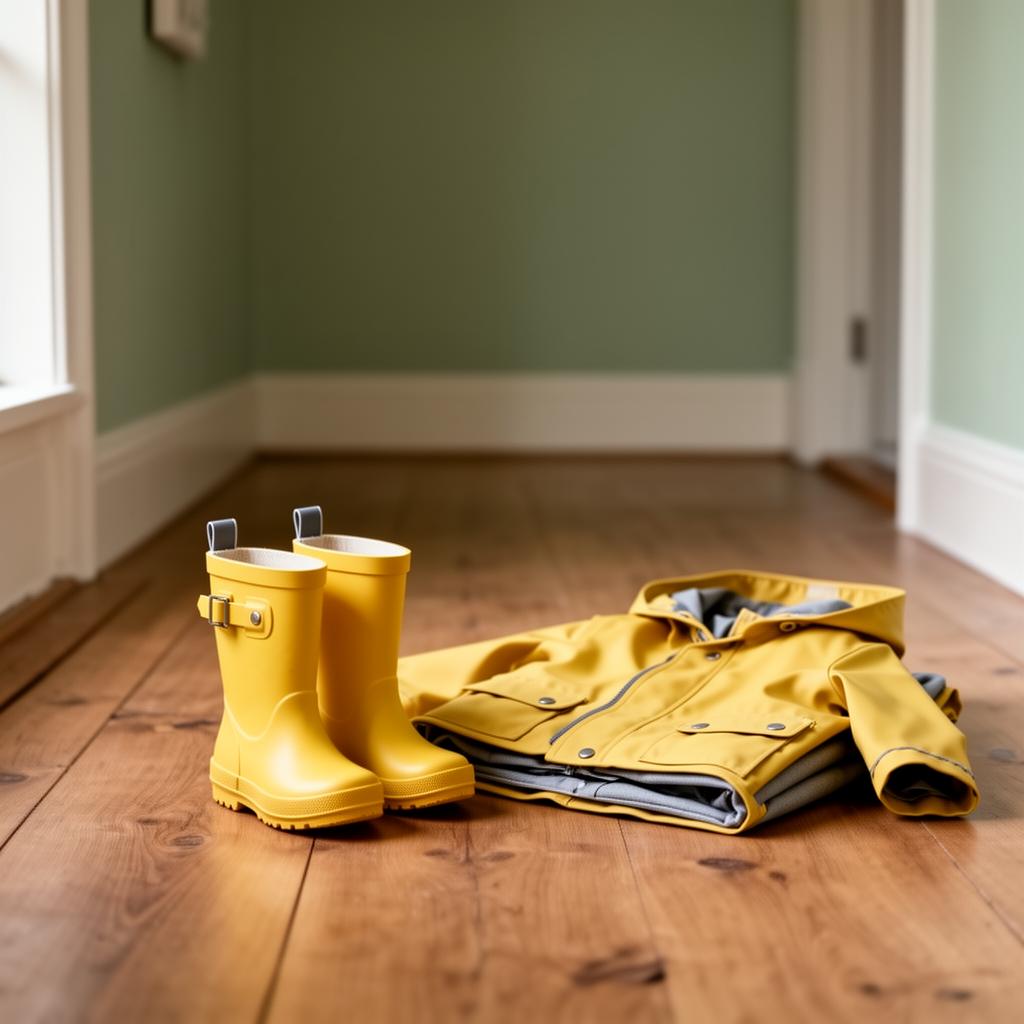 A pair of yellow children's wellies and a raincoat on a wooden floor